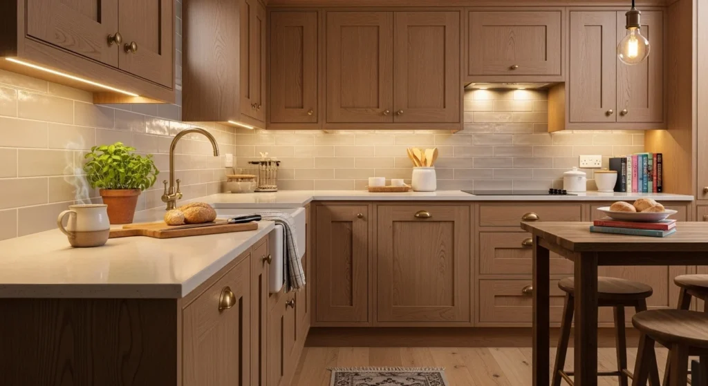 Cozy kitchen featuring natural wood cabinetry, warm lighting, and a comfortable lived-in atmosphere