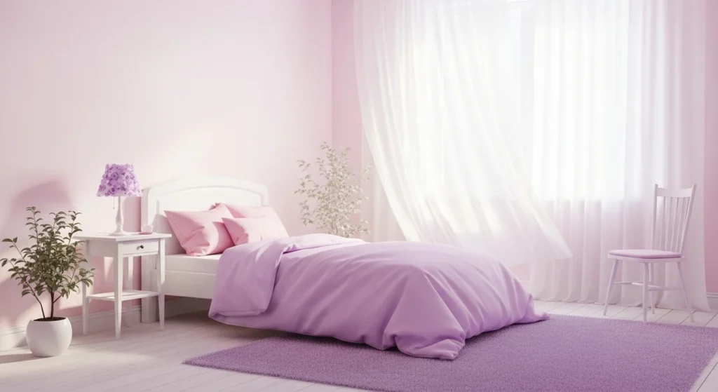Pastel girls bedroom featuring soft pink and lavender colors with minimal furniture and dreamy lighting