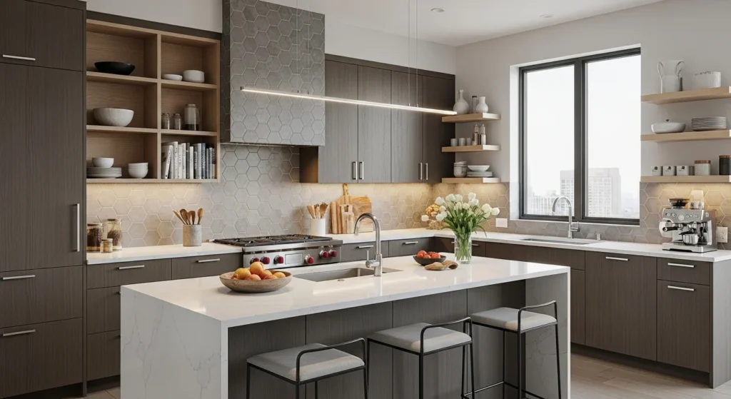 Custom modern kitchen with unique cabinetry, personal decor details, and contemporary styling