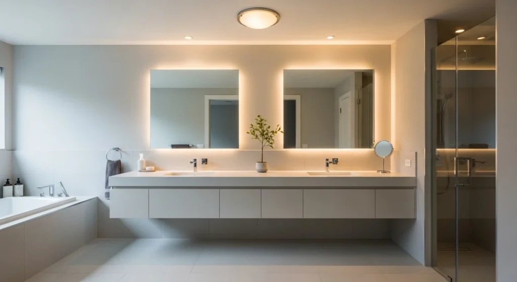 Modern bathroom with a double vanity, balanced layout, and soft ambient lighting