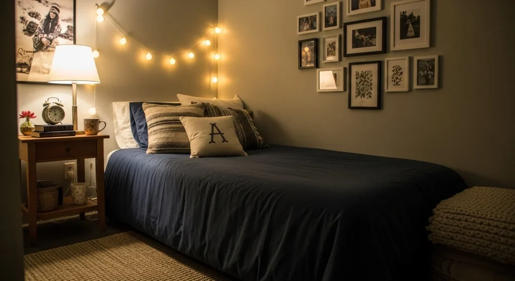 Small bedroom with simple personalized decor, cozy textiles, and clean styling