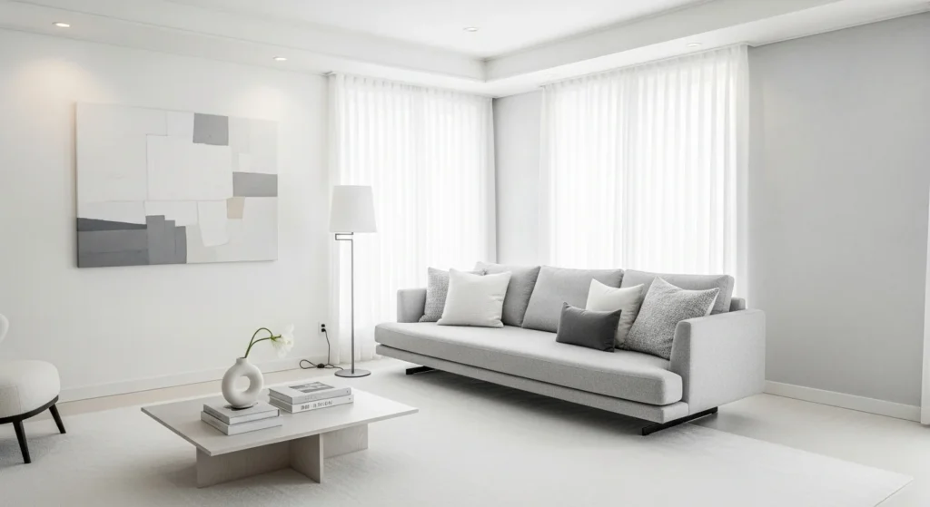 White living room with soft grey accents creating a calm and balanced interior