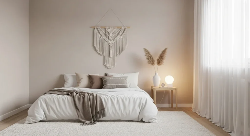 Girls bedroom designed as a personal sanctuary with soft neutral tones, minimal decor, and calm lighting