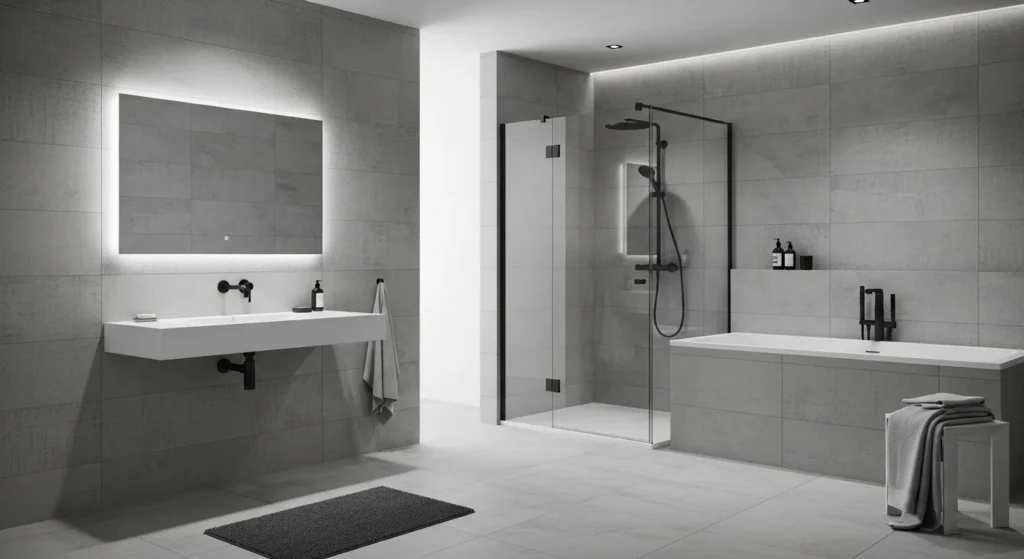 Monochrome bathroom designed in soft grey tones with textured tiles and modern styling
