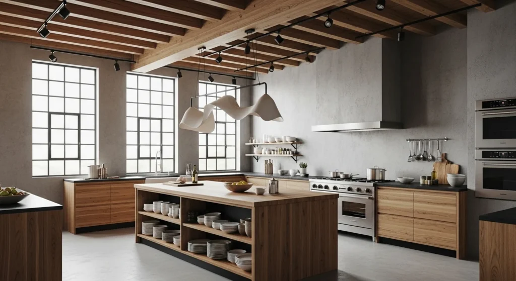 Industrial-style kitchen softened with warm wood accents, concrete textures, and cozy lighting