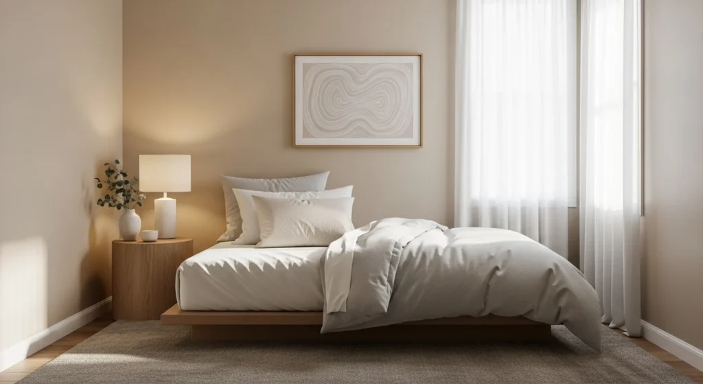 Small bedroom designed as a calm sanctuary with soft neutral colors, minimal decor, and peaceful