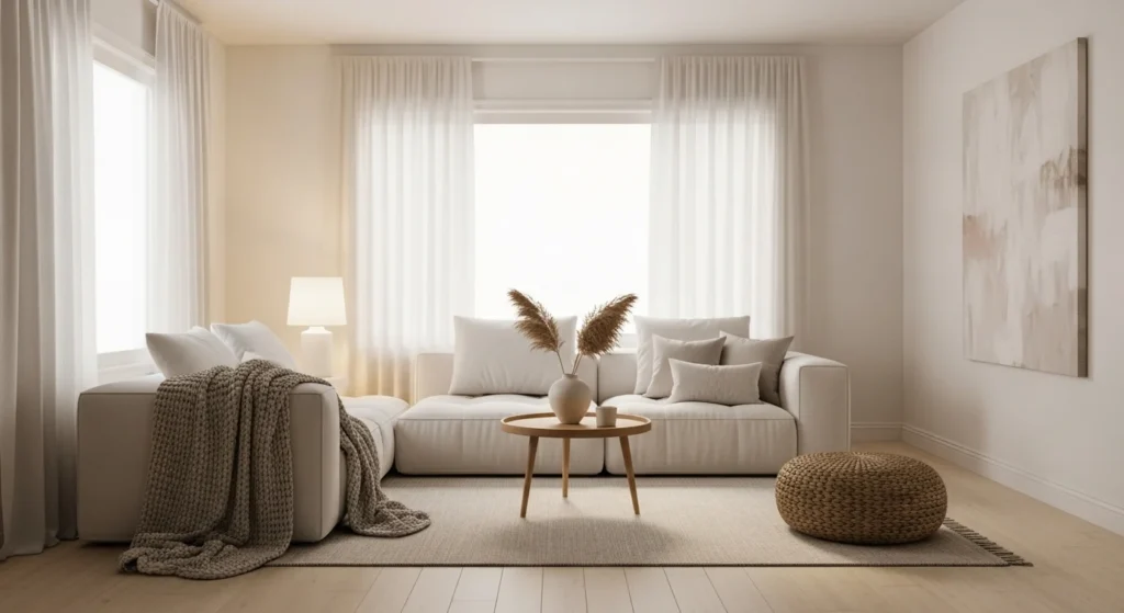 White living room designed as a calm sanctuary with minimal furniture and soft lightin