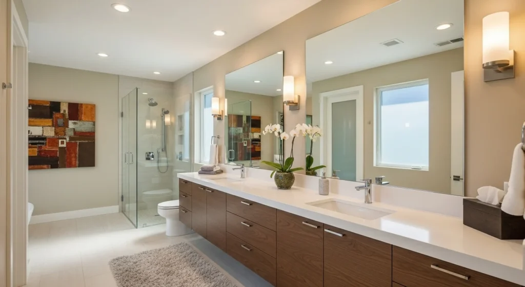 Bathroom featuring personalized decor, custom finishes, and warm modern styling