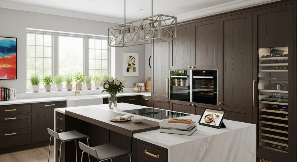 Custom-designed kitchen featuring unique cabinetry, personal decor, and modern lifestyle styling