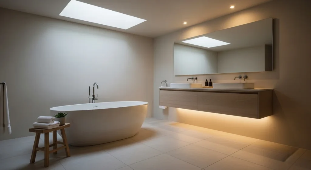 Wellness-inspired bathroom sanctuary with soft neutral colors, minimal decor, and peaceful lighting