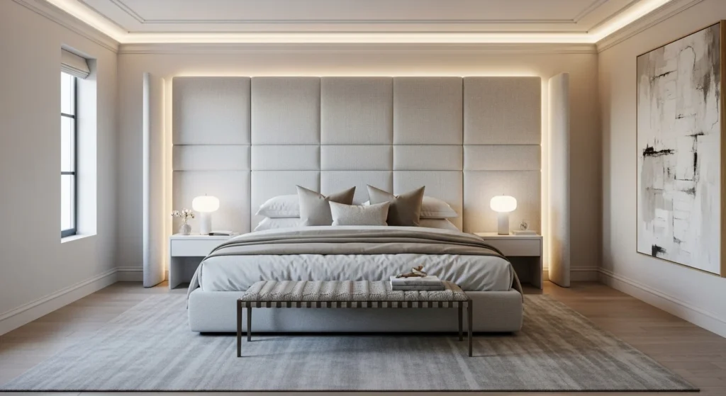 Elegant master bedroom featuring a large upholstered statement headboard, neutral colors, and refined lighting