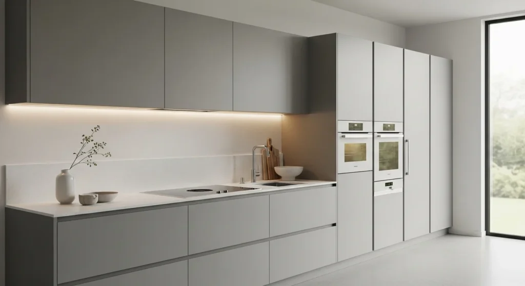 Contemporary kitchen with matte handleless cabinets and integrated appliances creating a seamless look