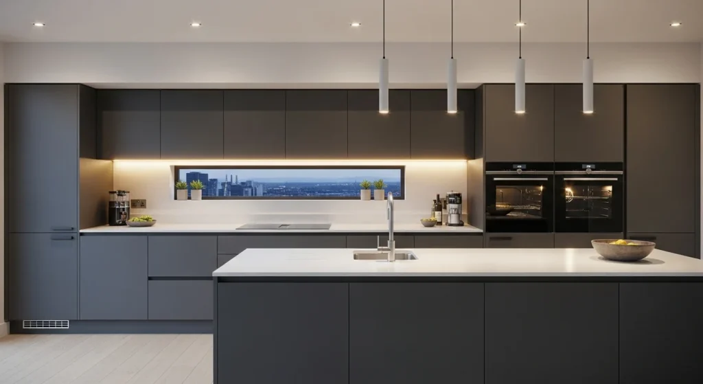 Sleek modern kitchen with matte handleless cabinets and integrated appliances for a seamless look