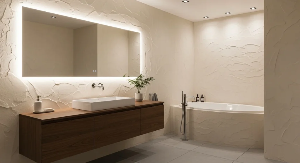 Modern bathroom featuring textured plaster walls with subtle lighting highlighting surface details