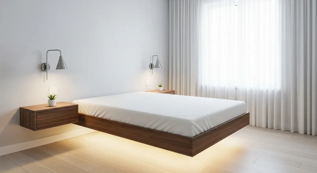 Small bedroom with floating bed and wall-mounted nightstands creating an open and airy feel