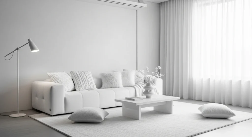 All-white monochrome living room with layered white tones, textured fabrics, and minimal decor