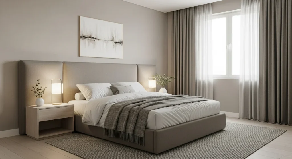 Modern bedroom designed in soft greige tones with clean furniture and subtle lighting