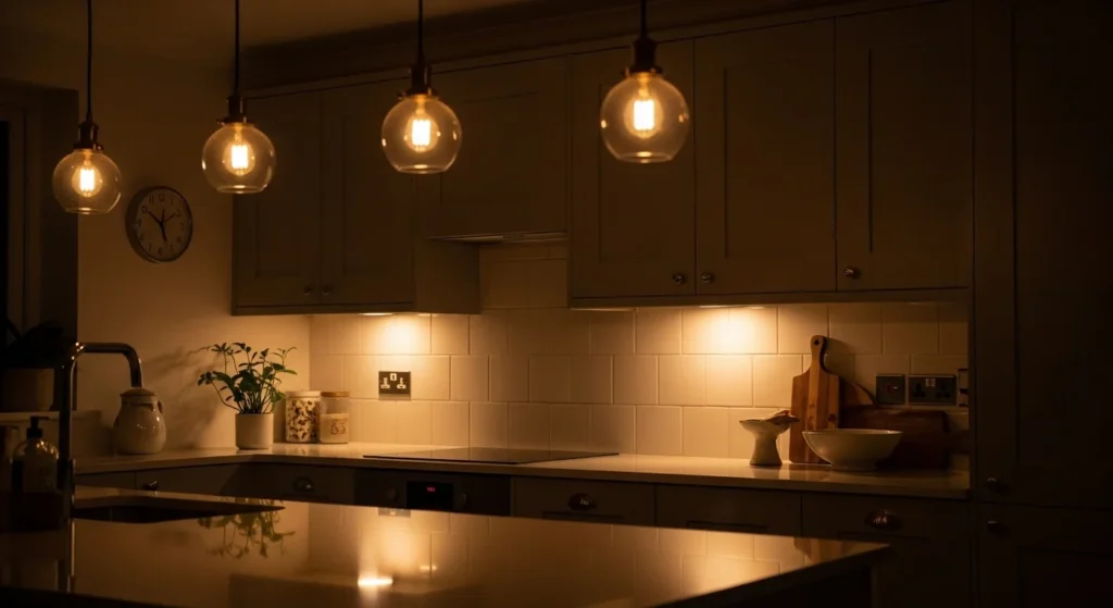Cozy kitchen with warm pendant lights, soft ambient glow, and neutral cabinetry creating a welcoming mood