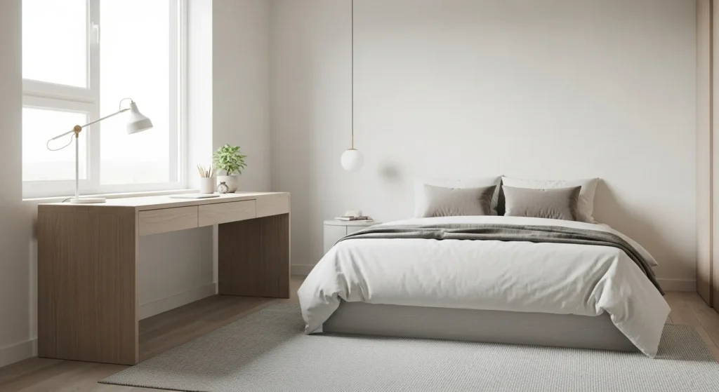 Modern minimalist girls bedroom with clean lines, neutral palette, simple furniture, and natural daylight