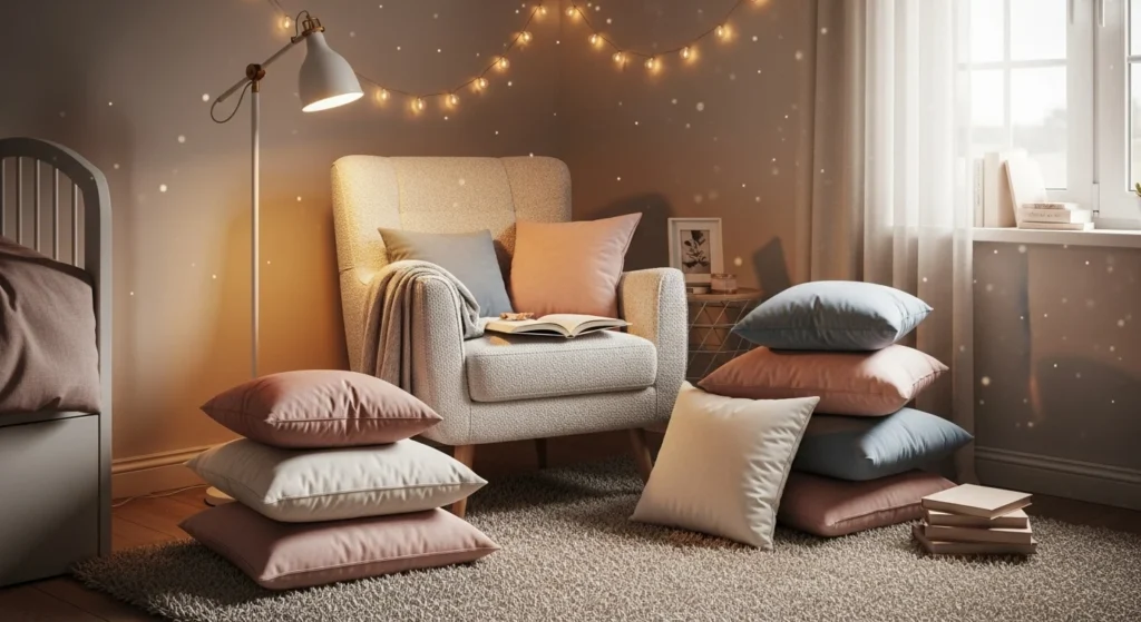Girls bedroom featuring a cozy reading nook with a soft chair, cushions, and warm ambient lighting
