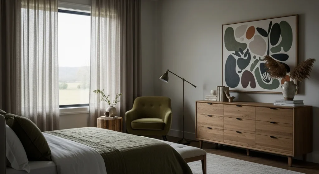 Luxury master bedroom styled with earth tones, olive and taupe colors, natural textures, and warm lighting