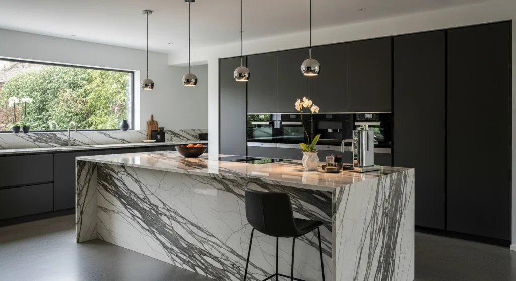 Designer kitchen showcasing dramatic marble countertops with natural veining and elegant styling