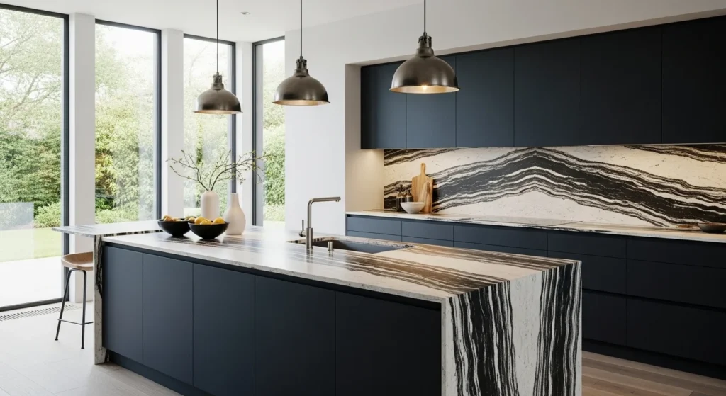 Contemporary kitchen showcasing bold natural stone countertops and backsplash with dramatic veining