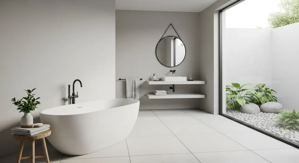 Modern bathroom with a freestanding bathtub placed in a bright, minimalist setting