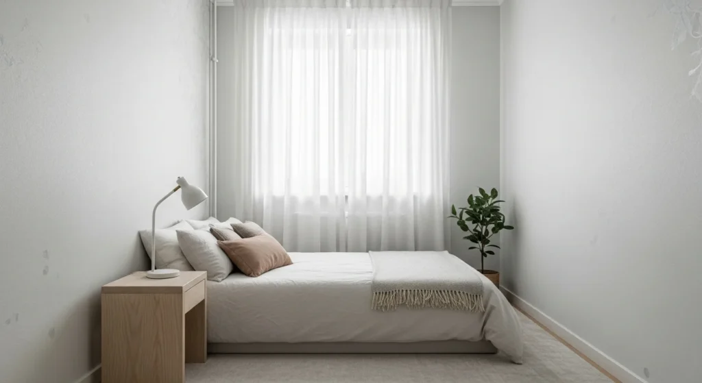 mall bedroom designed with light colors, soft white walls, airy curtains, and minimal furniture