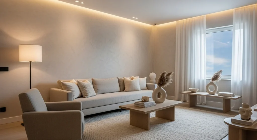White living room with textured plaster walls, neutral furniture, and soft ambient lighting