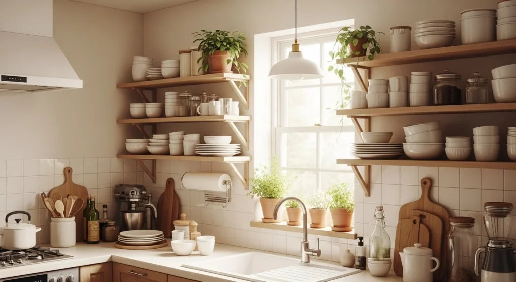 Cozy kitchen with open wooden shelves displaying everyday dishes and warm neutral styling