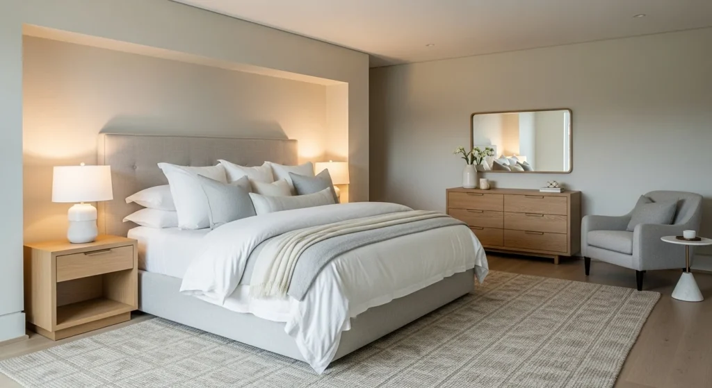Calm luxury master bedroom with neutral palette, high-quality fabrics, minimal decor, and soft indirect lighting