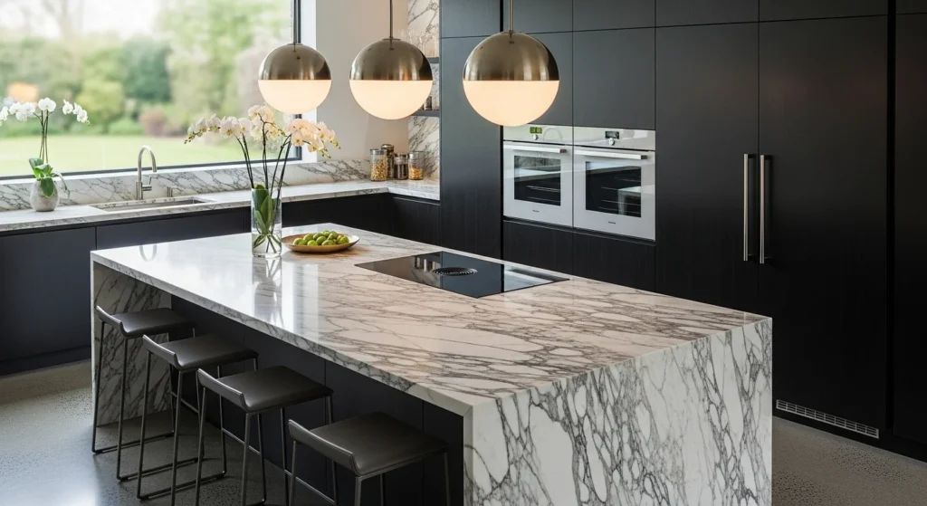Modern kitchen with a large statement island featuring waterfall stone edges and open-plan layout