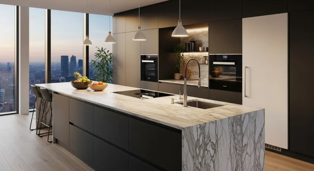 Modern kitchen with a large statement island featuring waterfall stone edges in an open-plan layout