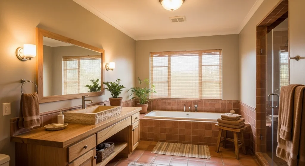Earth-tone bathroom with terracotta tiles, natural wood vanity, and warm cozy lighting
