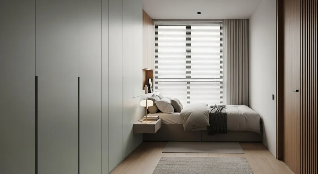 Small bedroom with tall storage cabinets extending to the ceiling for maximum space efficiency
