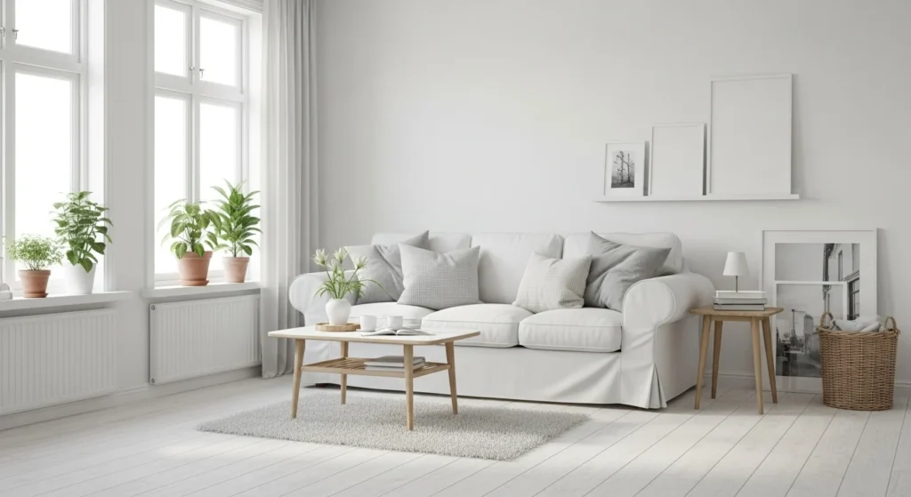 Scandinavian white living room with light wood accents, cozy textiles, and bright natural light 