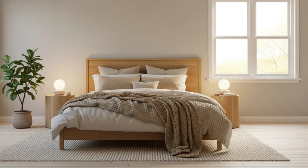 Neutral bedroom with natural wood bed frame, beige bedding, and warm modern styling