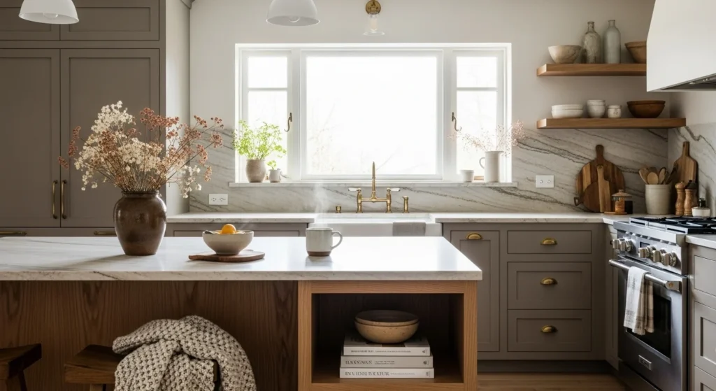 Cozy kitchen designed with earth-tone cabinets, natural wood accents, and soft natural lighting