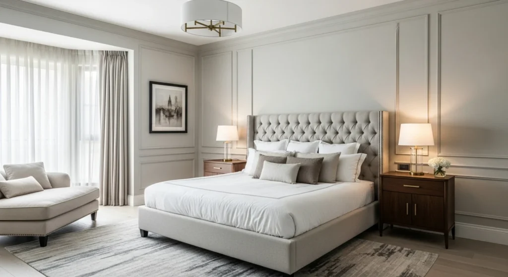 Master bedroom combining classic wall molding with modern furniture, neutral tones, and elegant styling