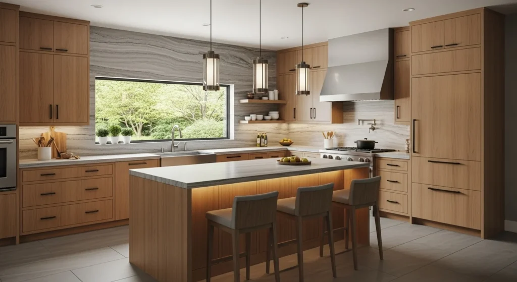 Kitchen interior combining wood cabinetry, stone surfaces, and metal accents for a layered design