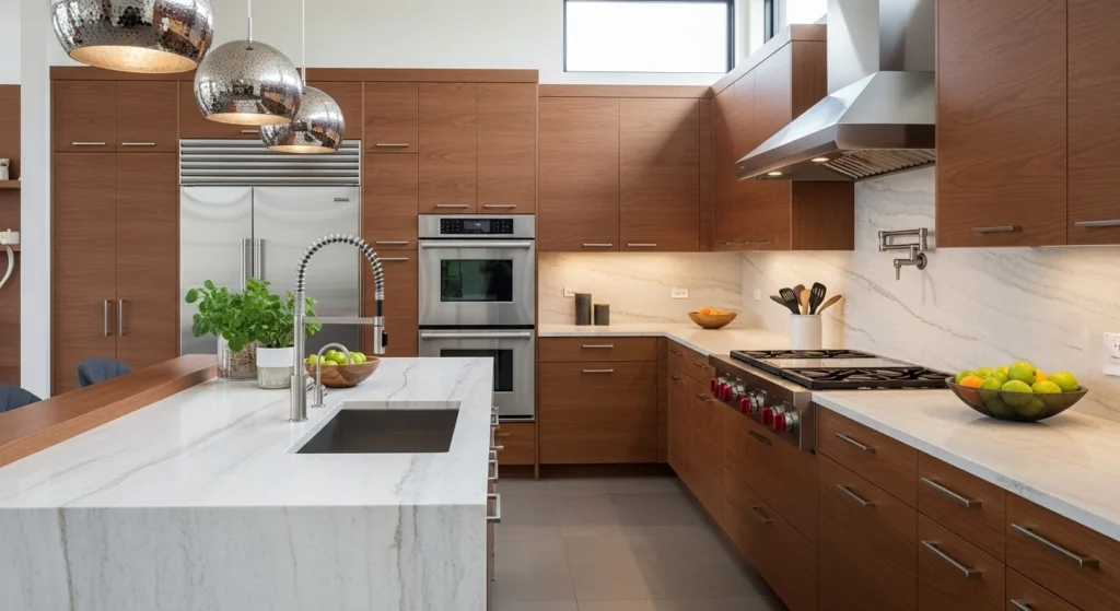 Modern kitchen combining wood cabinetry, stone surfaces, and metal accents for a layered look