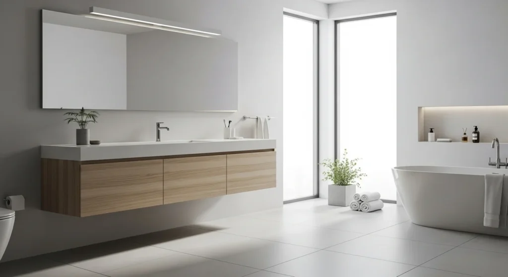 Clean minimalist bathroom with floating vanity, neutral colors, and simple modern fixtures