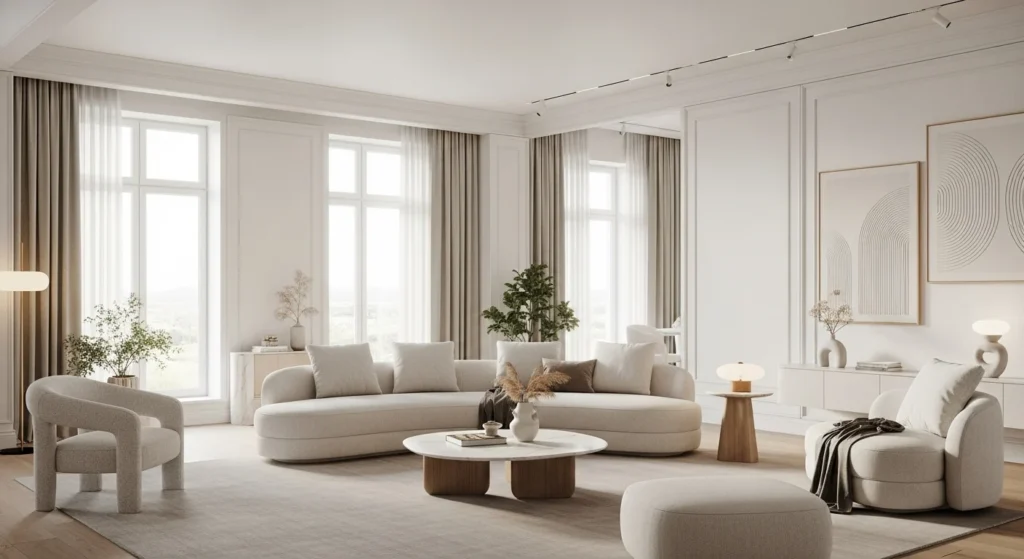White living room featuring a curved sofa and rounded furniture in a soft neutral palette