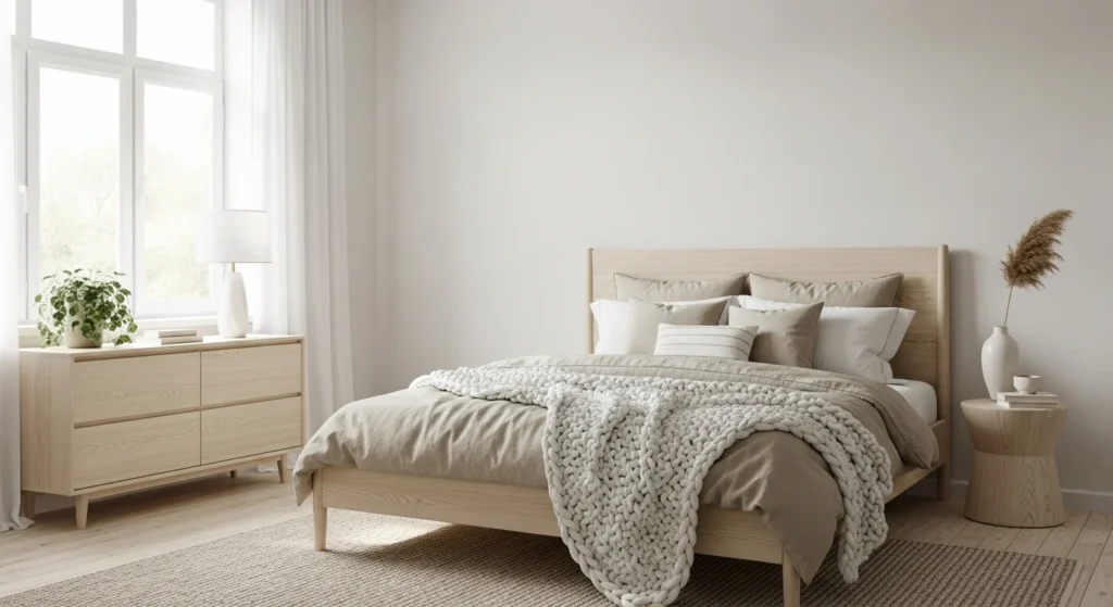 Scandinavian neutral bedroom with light wood furniture, cozy textiles, and bright natural light