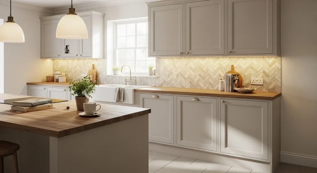 Cozy kitchen featuring a textured tile backsplash, neutral cabinets, and warm inviting lighting