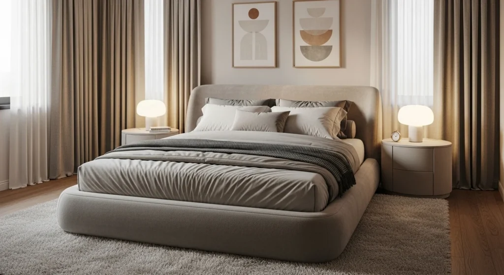 Girls bedroom featuring a curved upholstered bed and rounded furniture in soft neutral tones