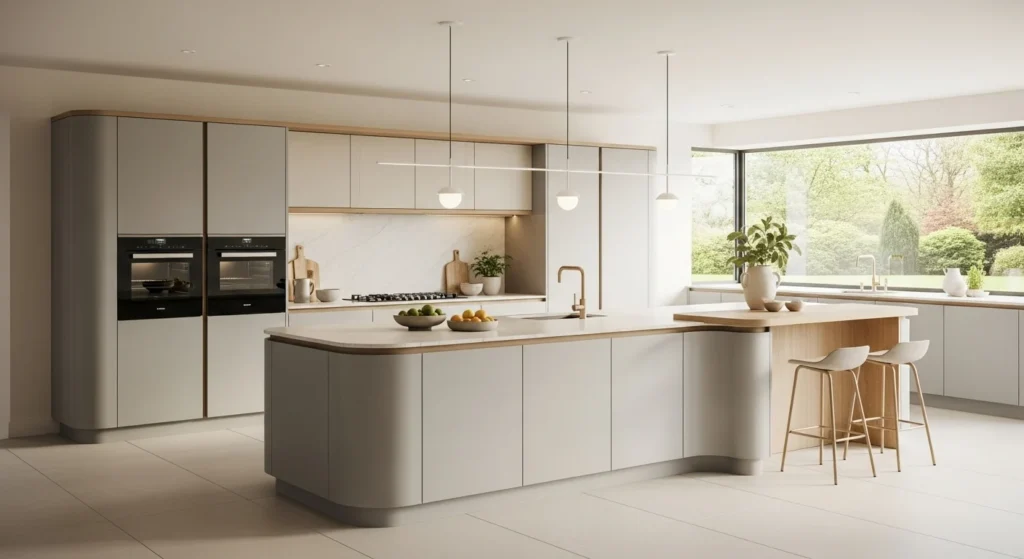 Modern kitchen with a curved island and rounded cabinetry in soft neutral tones
