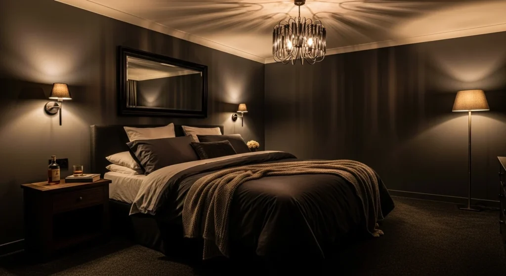 Dark luxury master bedroom with charcoal walls, plush bedding, warm lighting, and a dramatic cozy atmosphere