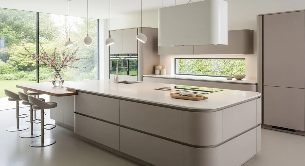 Modern kitchen with curved island and rounded cabinetry in soft neutral tones
